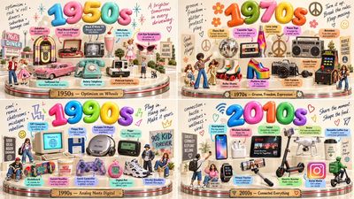Glossy 3D Decade Diorama with Balloon Title and Callouts