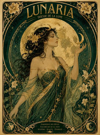 Art Nouveau poster with flowing curves and gold accents