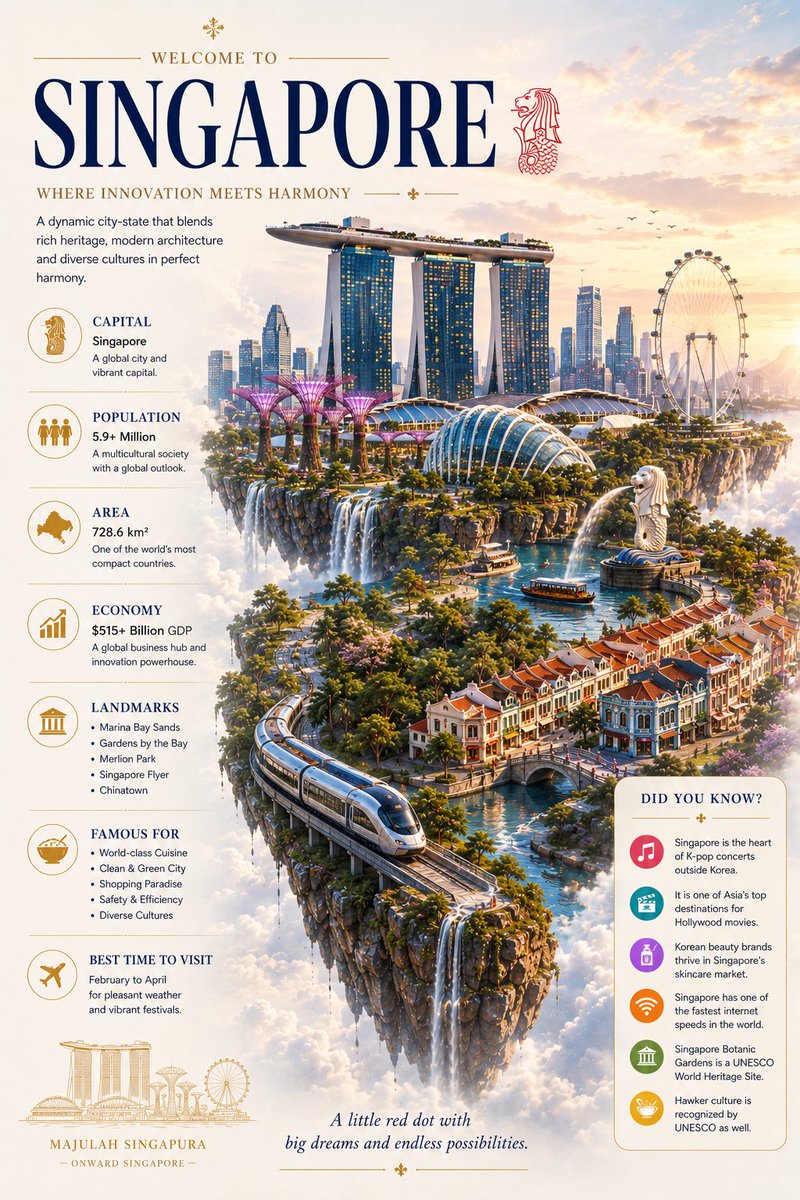 Floating Singapore island glows under golden sunrise with Supertrees