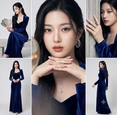 East Asian model poses in royal blue velvet gown for fashion editorial