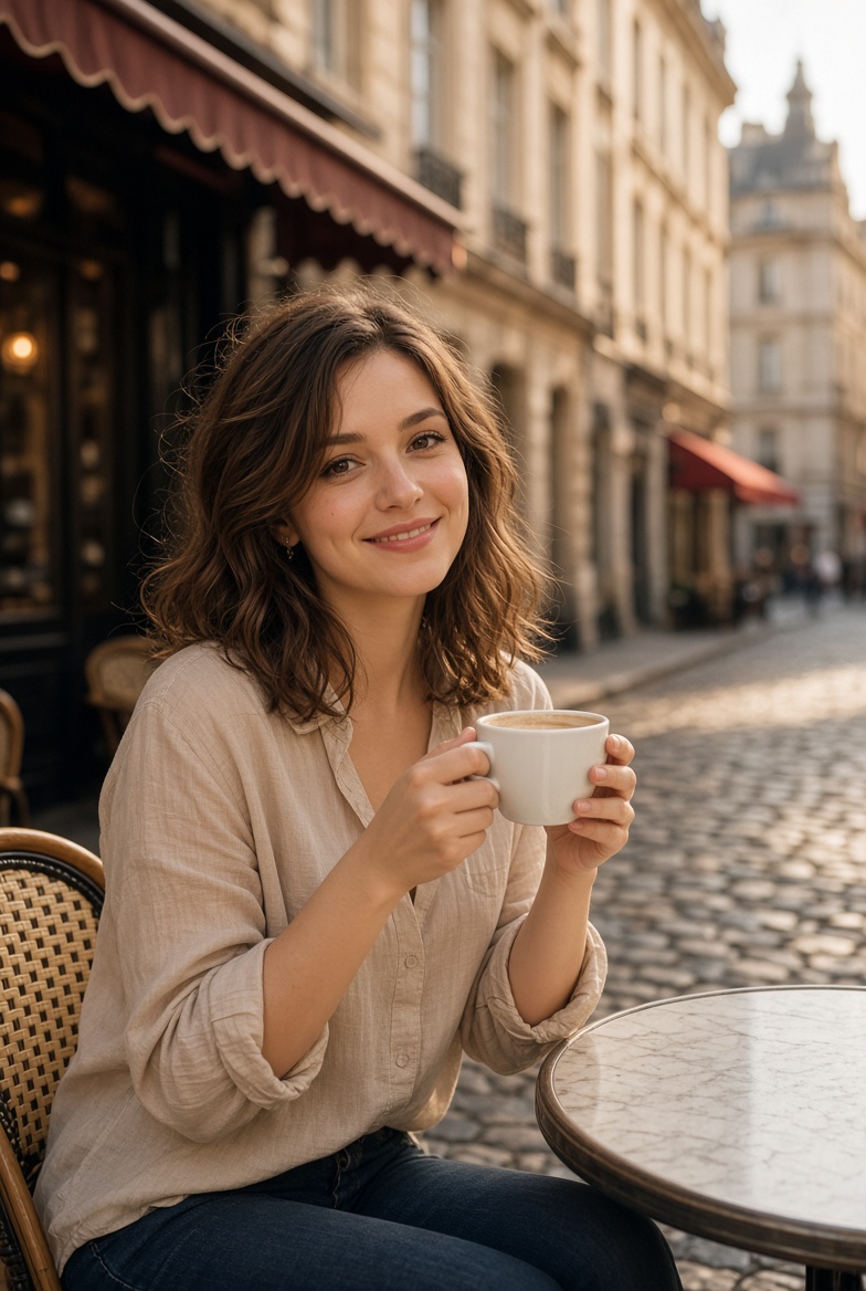 Woman sips coffee at charming European street cafe, smiling warmly