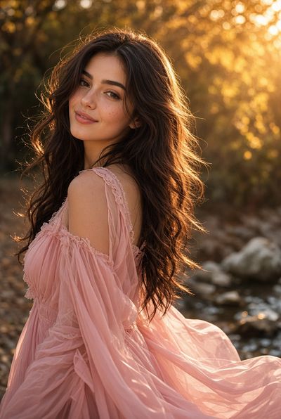 Woman in dusty pink gown smiles gently in golden sunset light