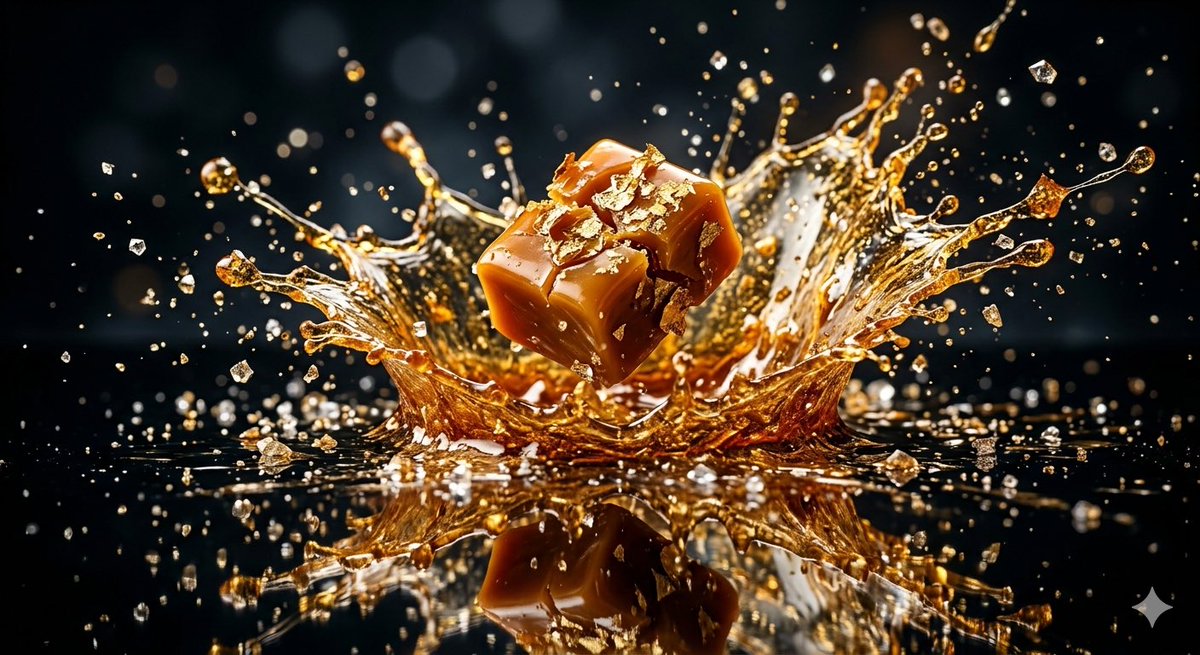 Golden toffee explodes above mirrored black surface in studio light