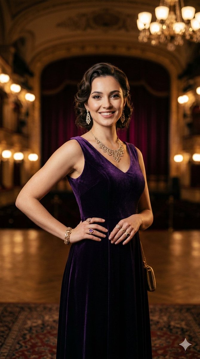 A brunette woman in purple velvet poses before a grand chandelier