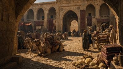 Merchants unload silk and frankincense in a sunlit stone courtyard.