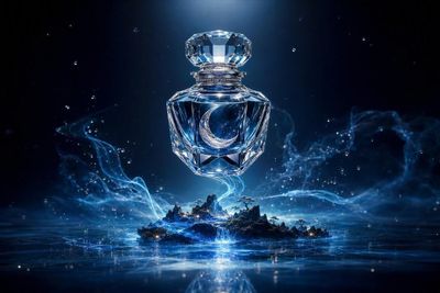 Crystal perfume bottle with a glowing moonlit ocean inside