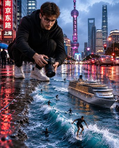 A giant photographer captures surfers in a tiny urban ocean