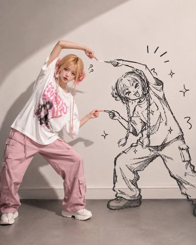 A confused model stands still while her mischievous doodle shadow dances wildly.