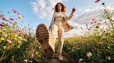 A stylish woman strides through a wildflower field from below.