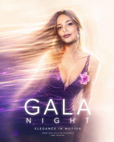 A sleek gala attendee dissolves into a luminous speed trail