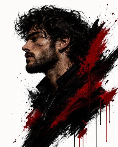 Bold crimson strokes frame a rugged man's side profile