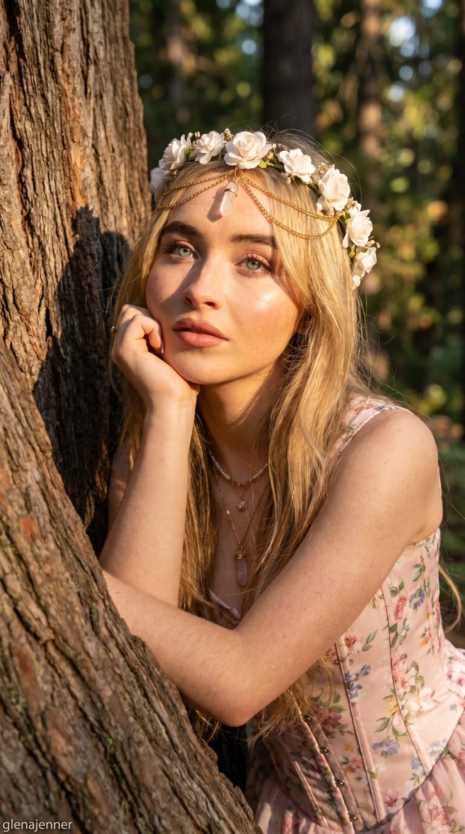 A dreamy woman rests against a tree in golden forest light