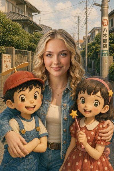 Nostalgic Street Portrait with Retro Cartoon Companions