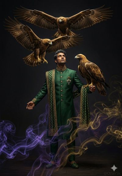 Regal Command: South Asian Man with Golden Eagles in Dramatic Light