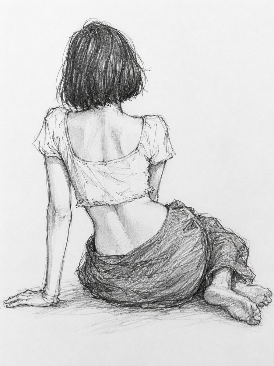 Young woman seated on floor in loose graphite sketch style