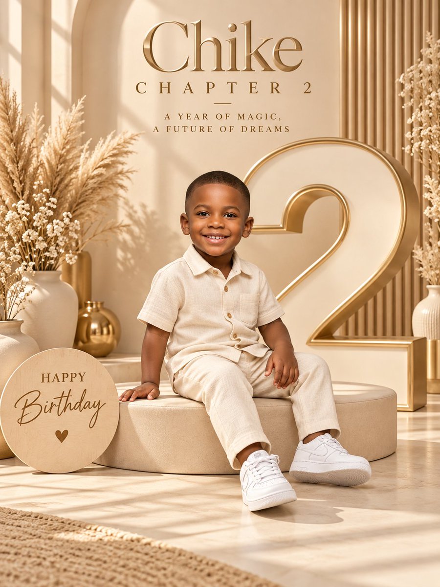 Toddler Boy Smiles on Beige Platform in Luxury Birthday Studio