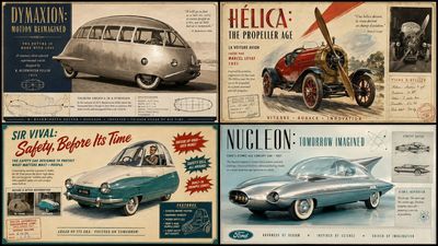 Four vintage car advertisements arranged in a heritage grid