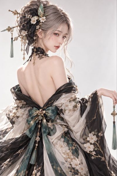 Silver-Haired Woman Glances Back in Floral Embroidered Gown
