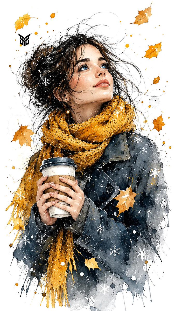 Young woman in mustard scarf holds coffee under sky