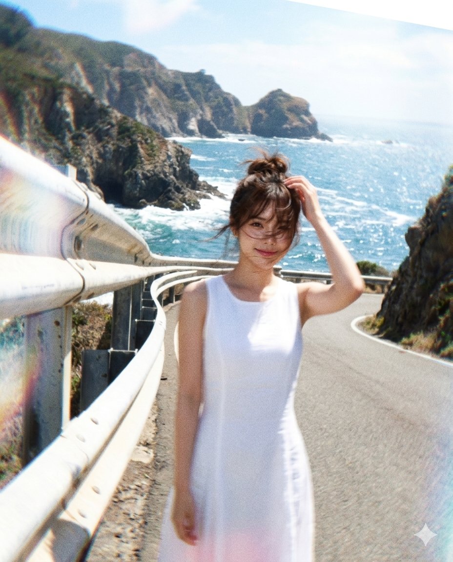 A woman smiles by a guardrail on a windy coastal road