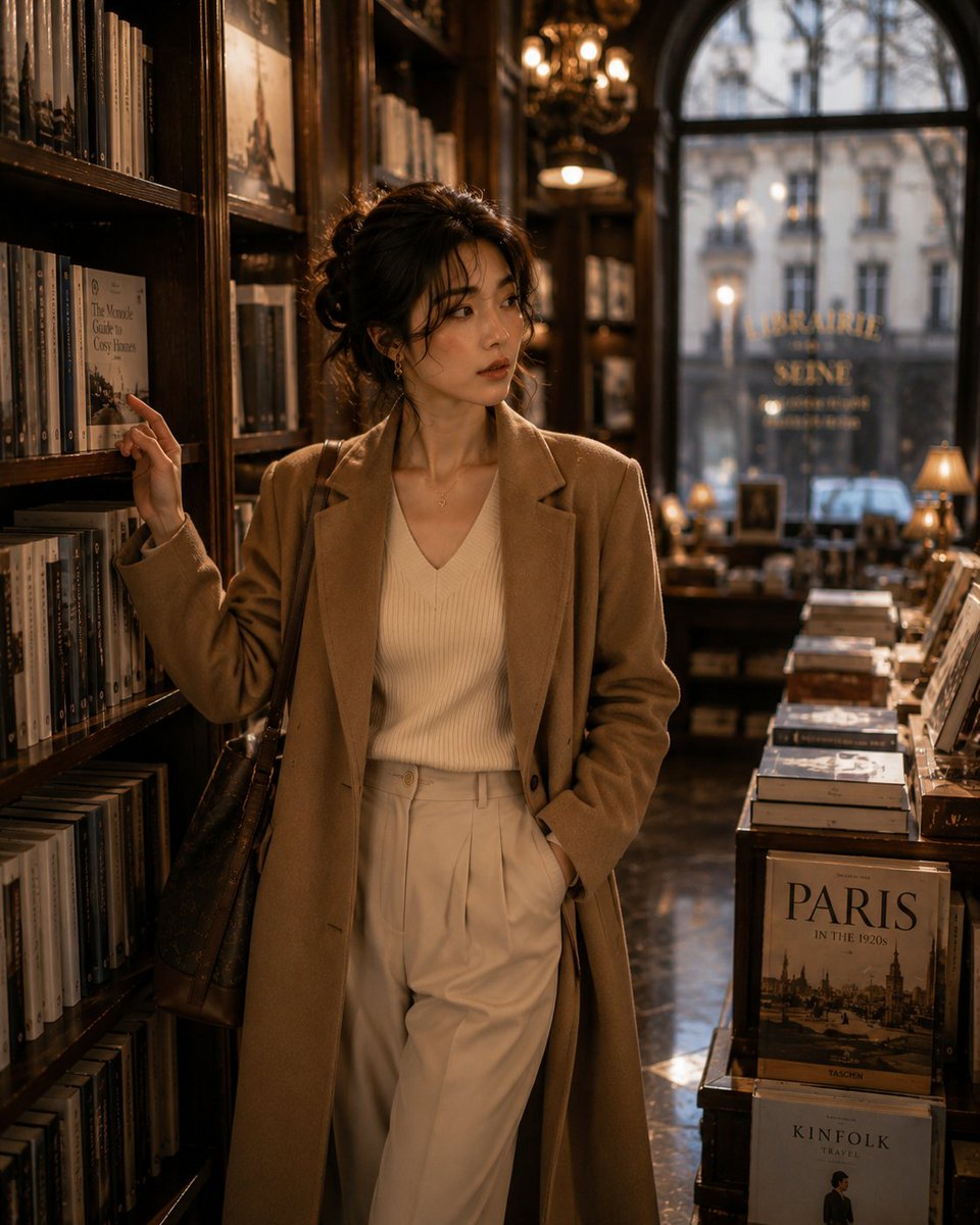Elegant Korean woman in camel coat browsing Parisian bookstore