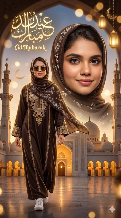 A woman in elegant abaya walks toward the glowing mosque.