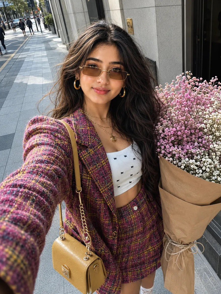 Woman in pink plaid blazer poses in Seoul scrapbook collage