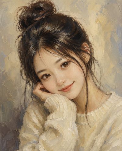 Young woman's portrait rendered in oil, watercolor, and pencil