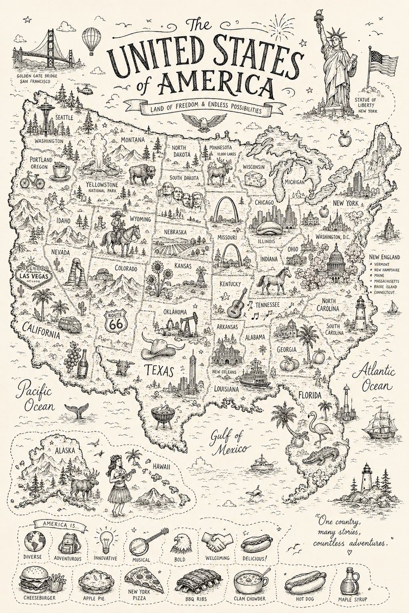 Hand-drawn doodle map of Japan filled with iconic landmarks and culture.
