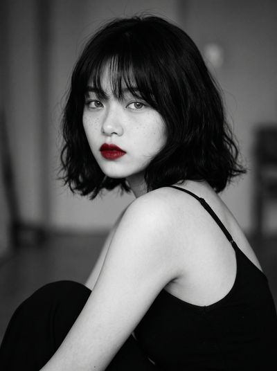 Monochrome portrait with red lips focuses attention on woman's face
