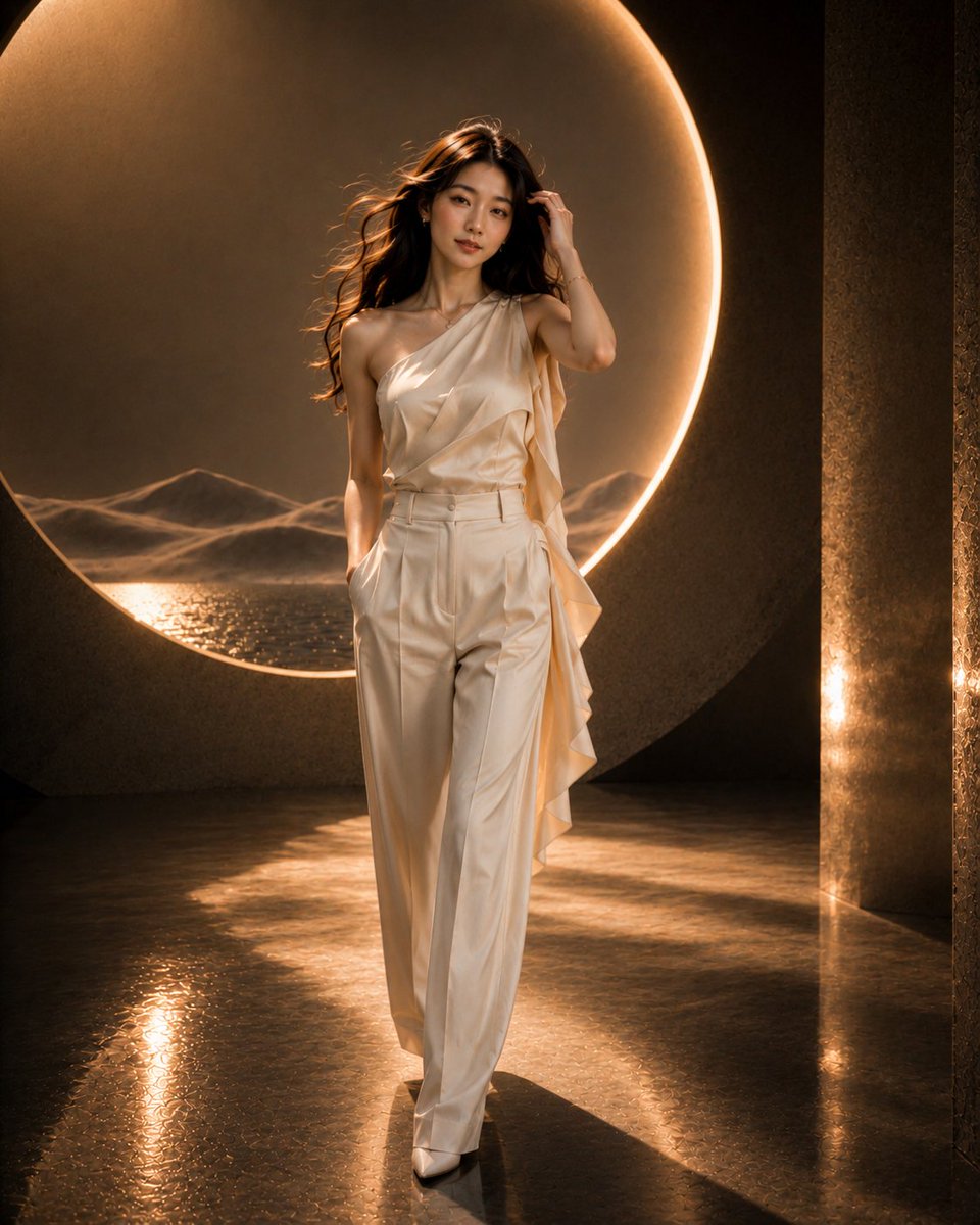 Young woman tucks hair behind ear while walking in ivory satin