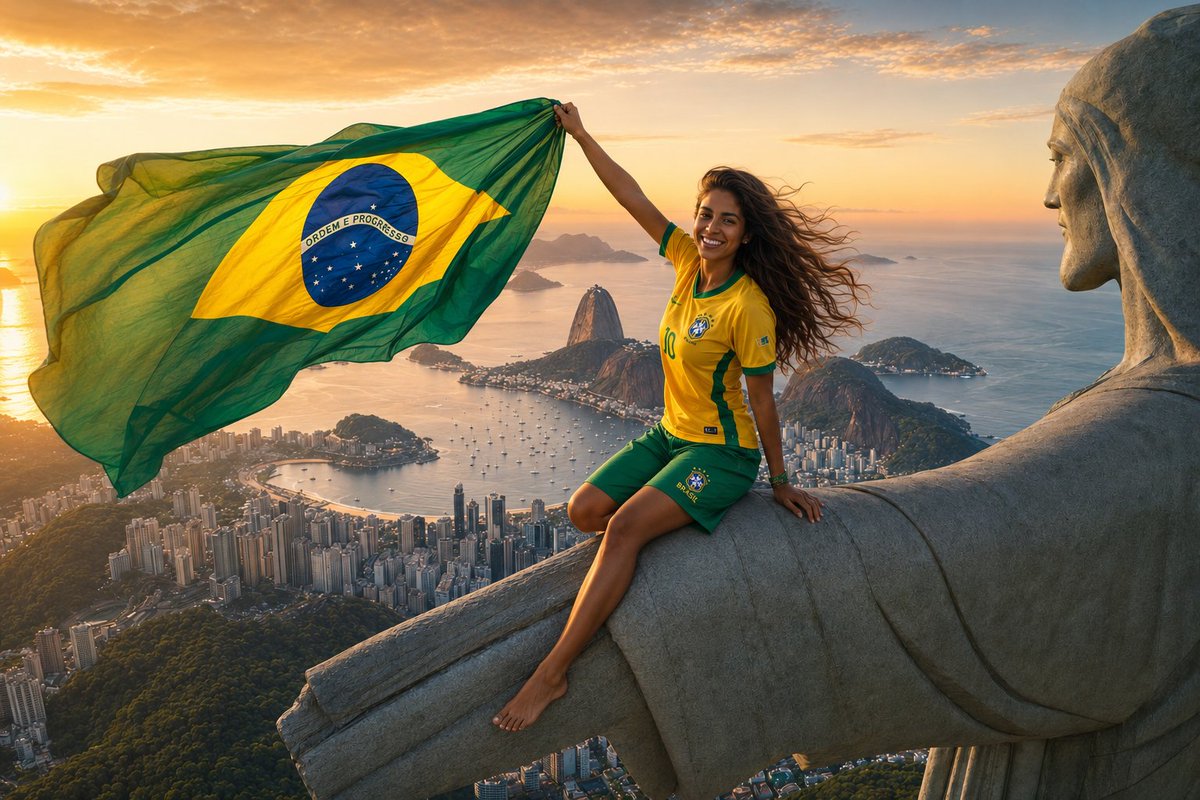 Young Brazilian fan lifts flag atop Christ the Redeemer at sunset