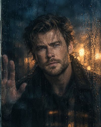 Intense Man Gazes Through Rain-Covered Glass at Night