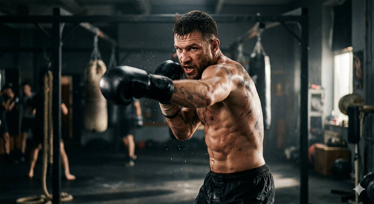 An intense MMA fighter throws a powerful punch in a smoky gym.