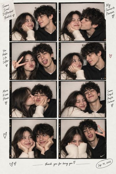 Young couple shares laughter in vertical photobooth contact sheet collage