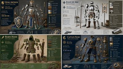 Four public domain characters display exploded cosplay armor maps in grid