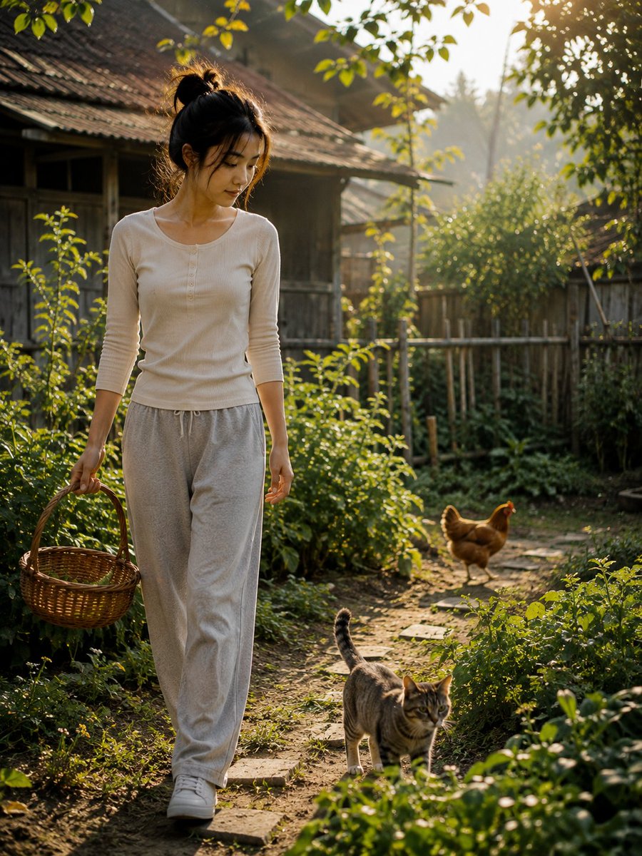 Young woman strolls through lush garden with basket at sunrise