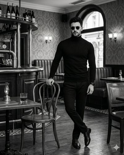 A sharp-dressed man leans in a moody vintage bar with confidence.