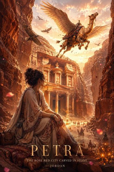A woman in bohemian attire gazes at Petra with a flying griffin