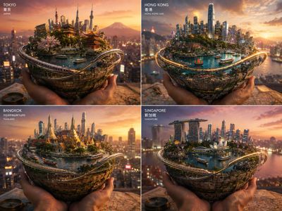 Human hands cradle four Asian city planets in golden light