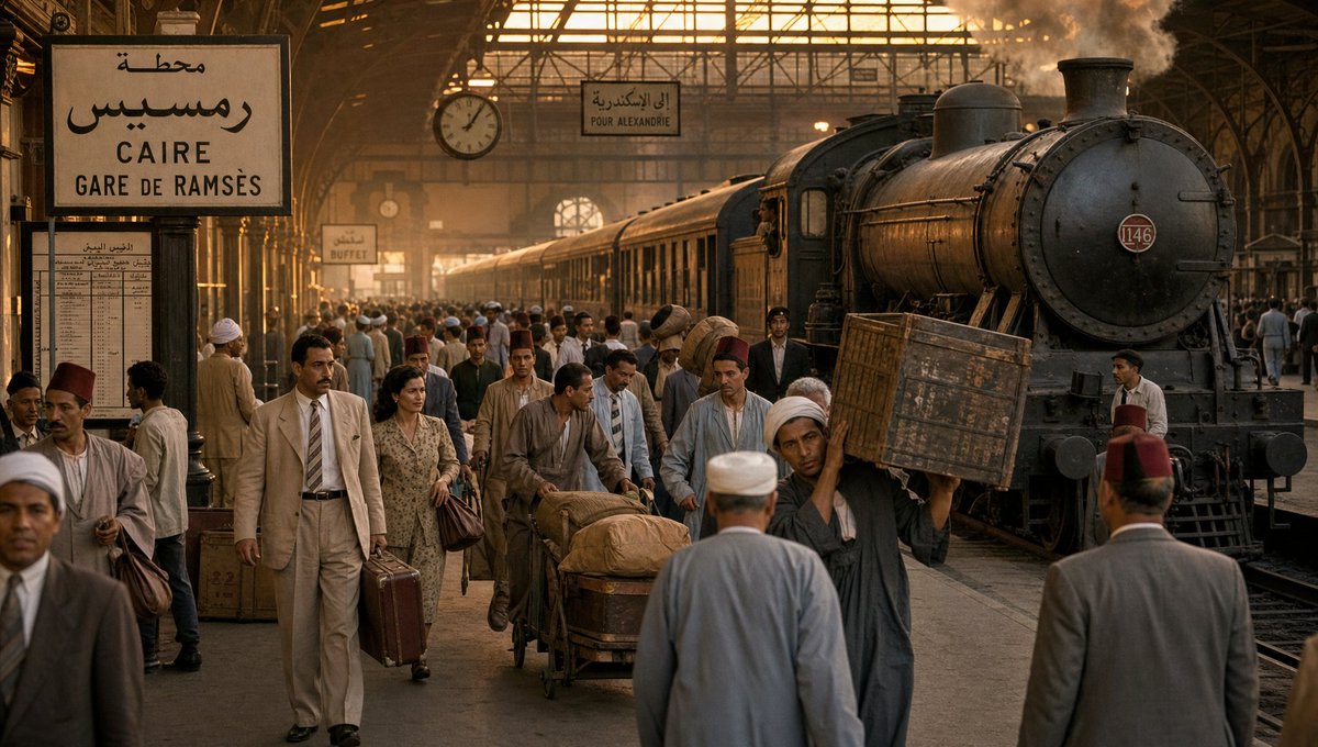 Golden sunrise illuminates Cairo station as steam train arrives