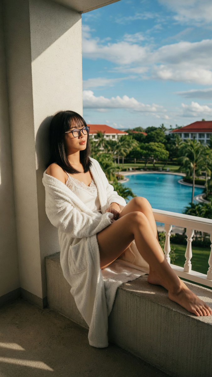 Young woman in white bathrobe sits on sunny hotel balcony ledge