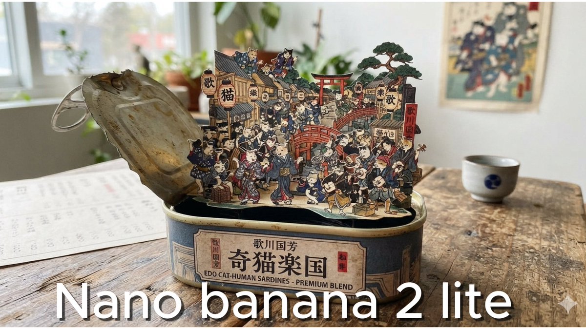 Cat-human figures rise from a Kuniyoshi-inspired food can diorama