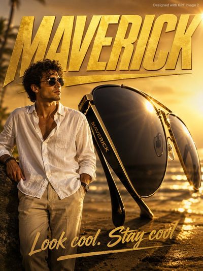 A stylish man in white leans beside giant gold aviator sunglasses.