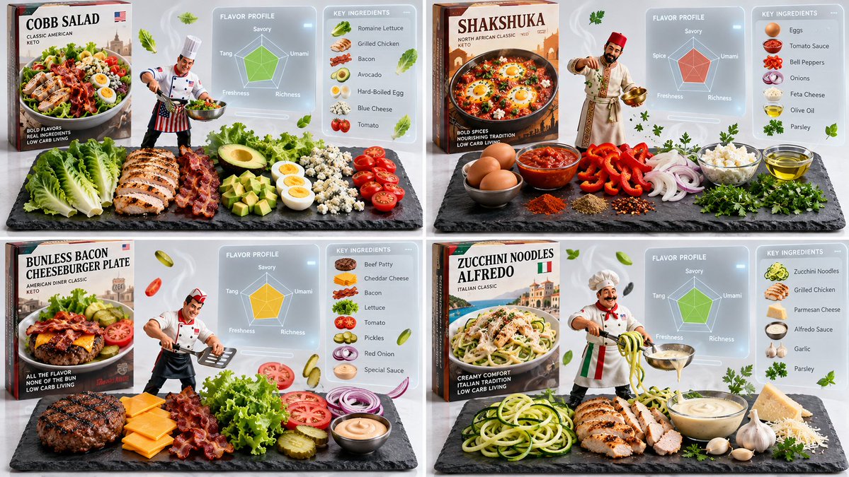 AR culinary deconstruction of four keto meals in a 2x2 grid