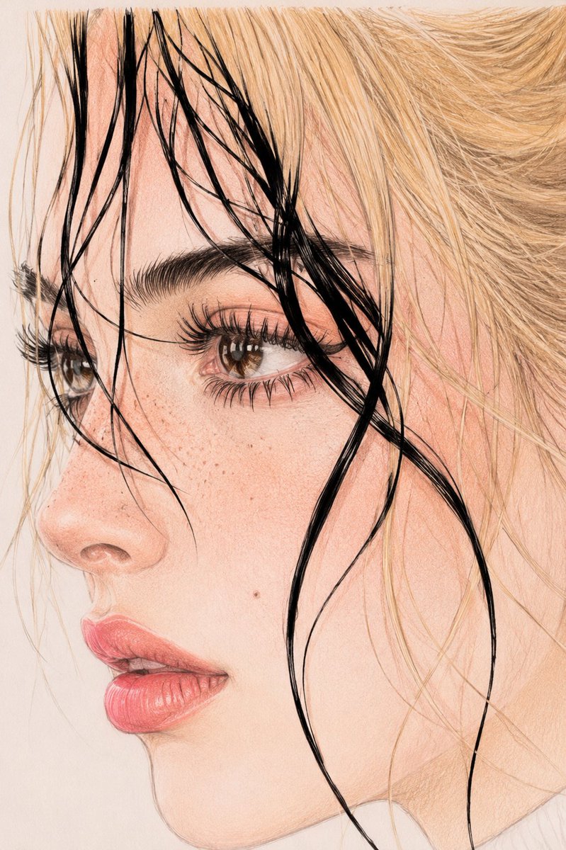 Hazel eye gazes through wet black strands in soft light