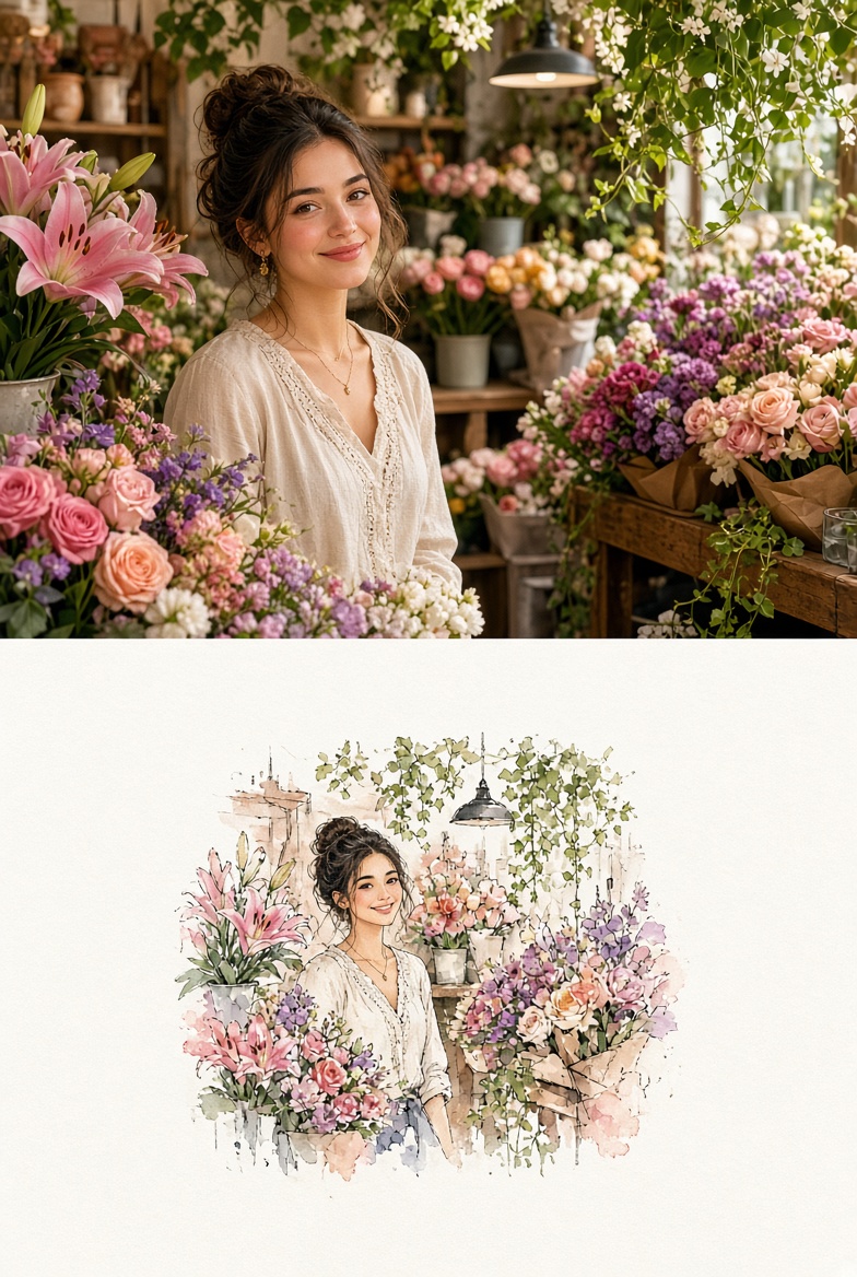 Realistic Photograph of Woman in Florist Shop with Watercolor Version Below