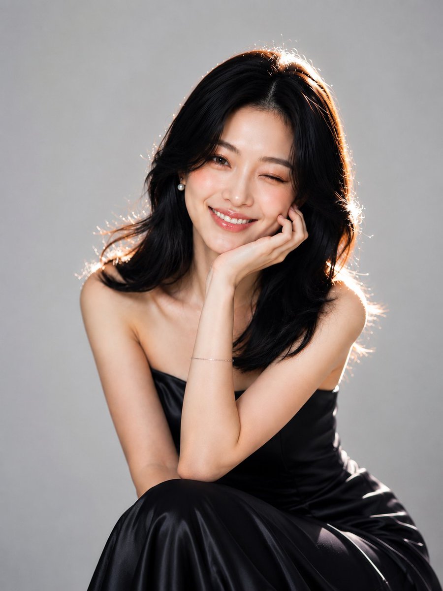 A young woman in a navy gown playfully winks at the camera