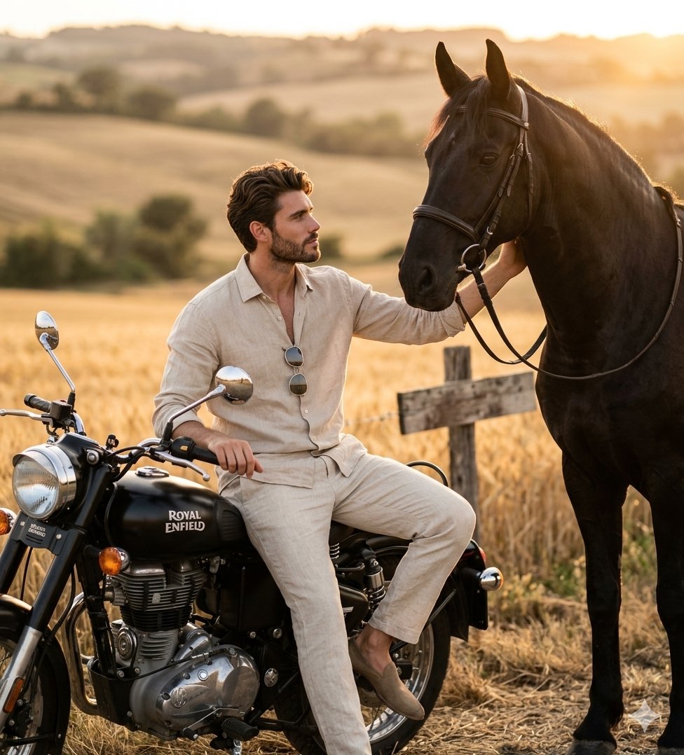 A stylish man shares a quiet moment with his horse at golden hour.