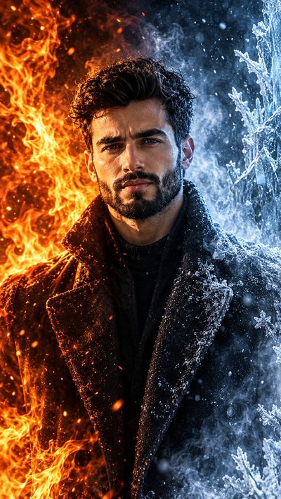 Man stands between blazing fire and freezing ice in cinematic portrait